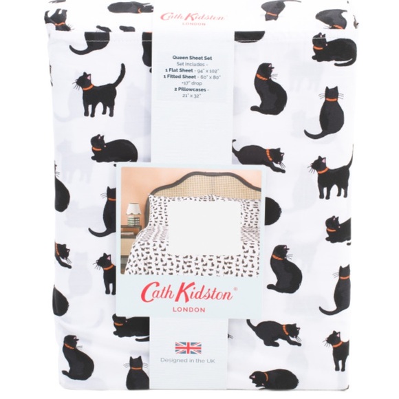 Cath Kidston White and Black Cat Queen Sheet Set - Picture 1 of 1